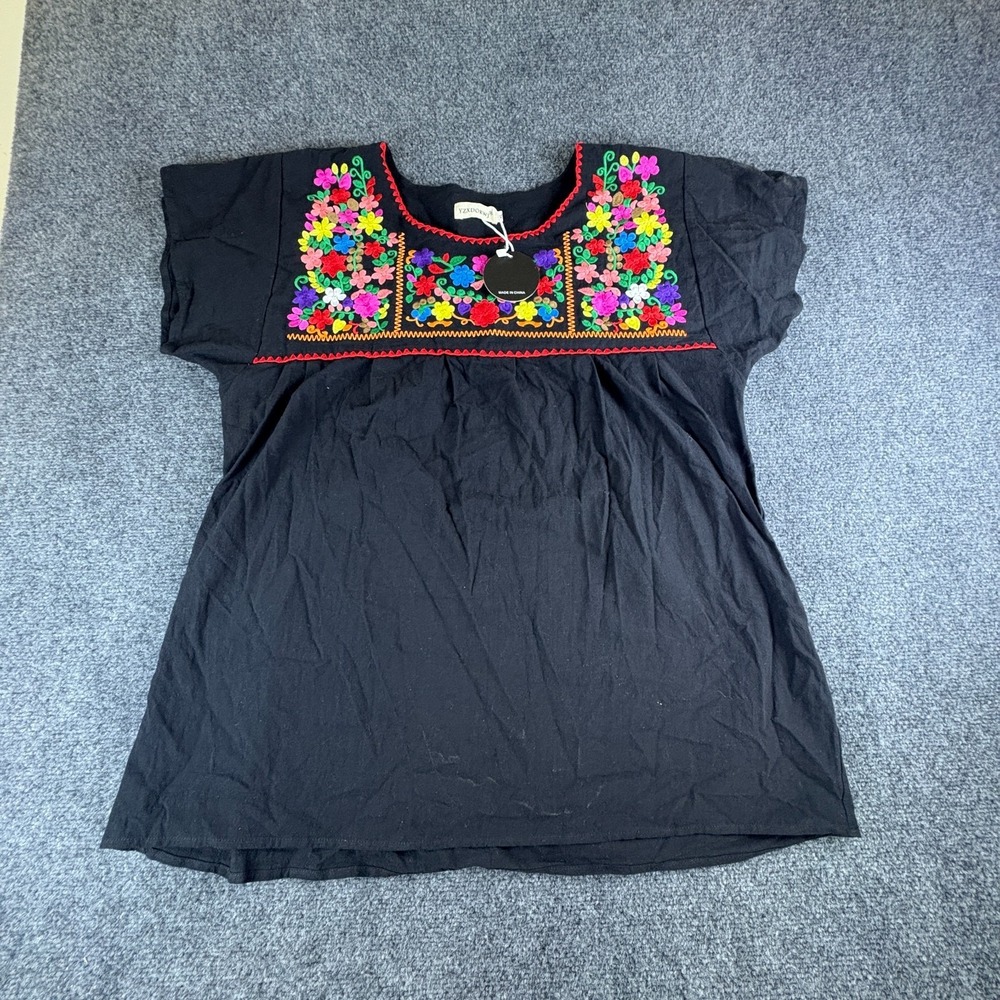 YZXDORWJ‎ Mexican Peasant Blouse Top Womens XL Black Floral Embroidered Cotton